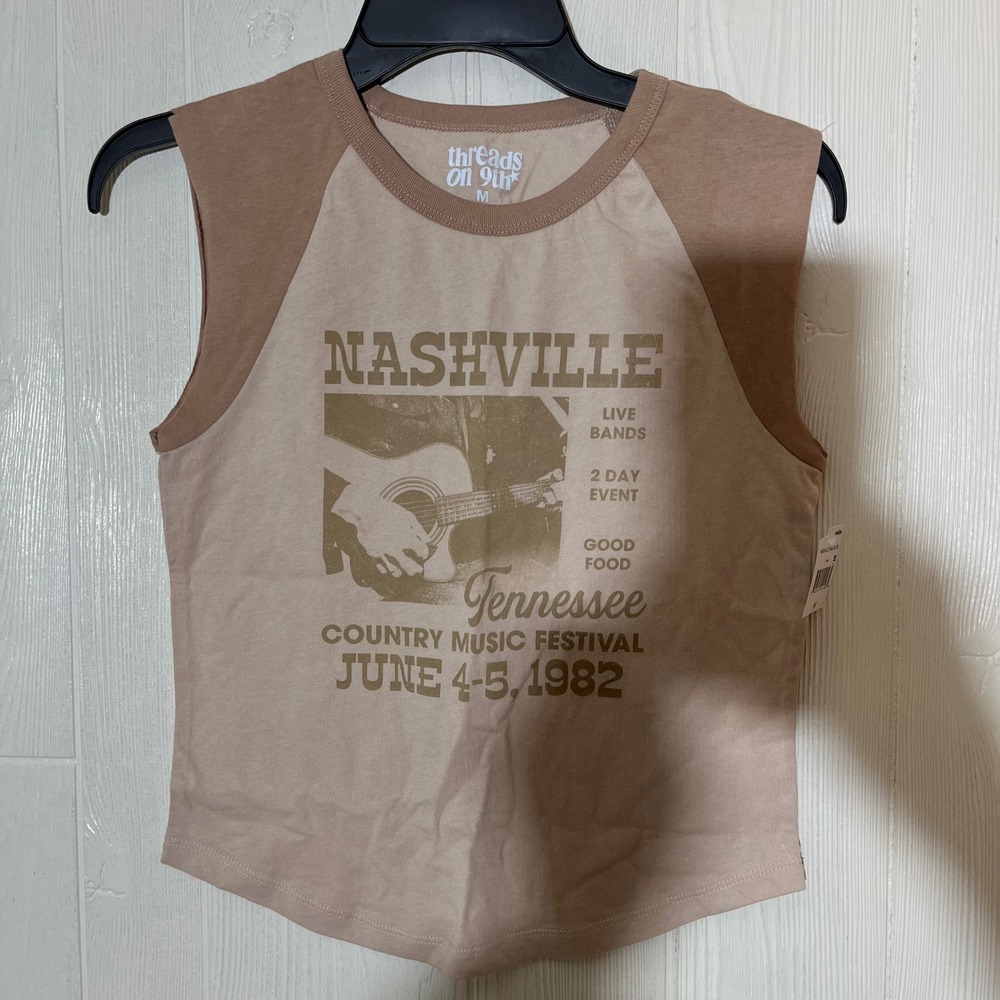 Threads on 9th Nashville Tennessee Raglan Muscle Tee Tan Beige Womens Medium